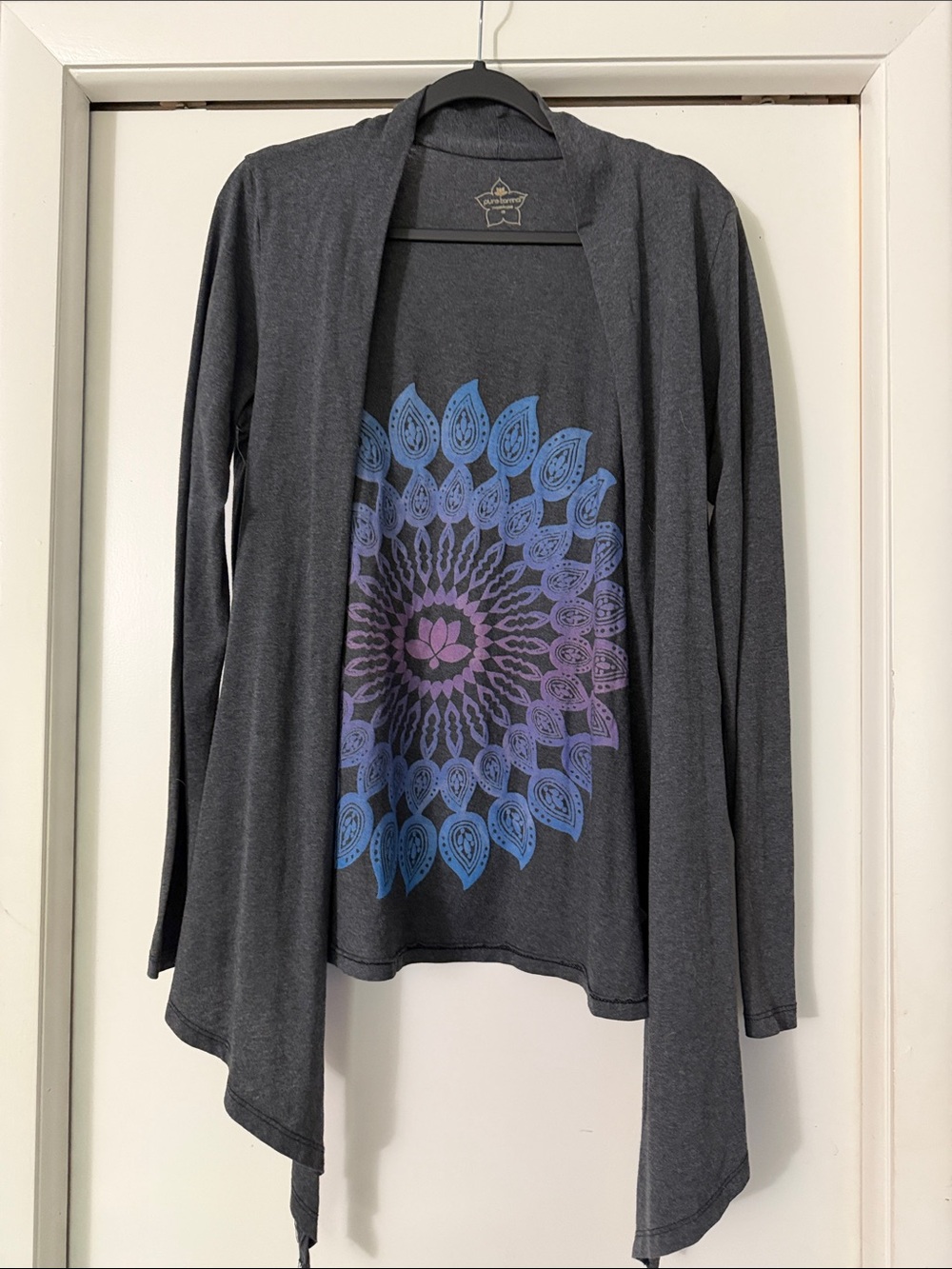 Charcoal Draped Open-Front Cardigan with Blue-Purple Mandala